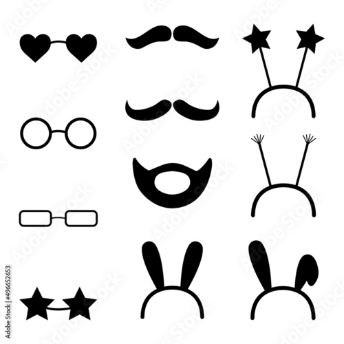 Collection of black photo booth icons. Mustache, glasses, beard. Vector silhouettes for a party.