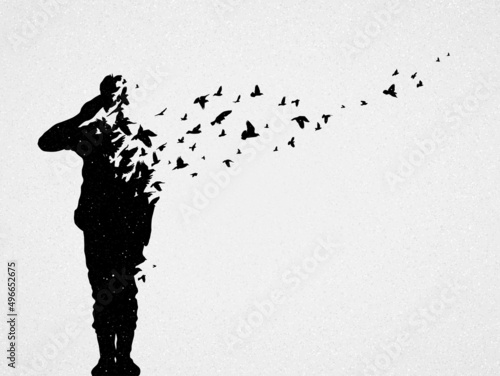 Dying soldier on war. Death and afterlife. Flying birds silhouette