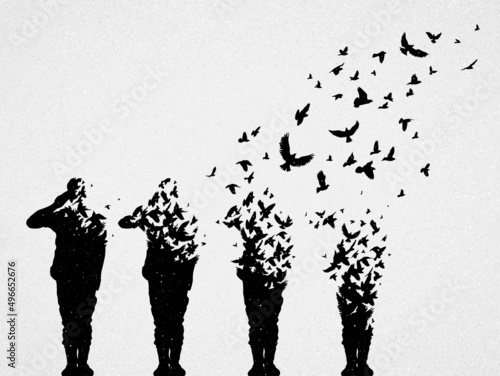 Army of soldiers. Death on battlefield. Afterlife. Flying birds flock