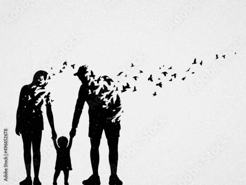 Family silhouette. Child and dying parent outline. Death and afterlife