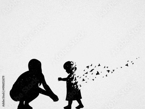 Mother and child silhouette. Dying girl and birds. Death and afterlife