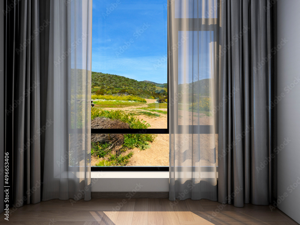 Fototapeta premium 3D rendering, spacious and bright urban residential enclosed balcony design, green plants and household appliances look casual and comfortable