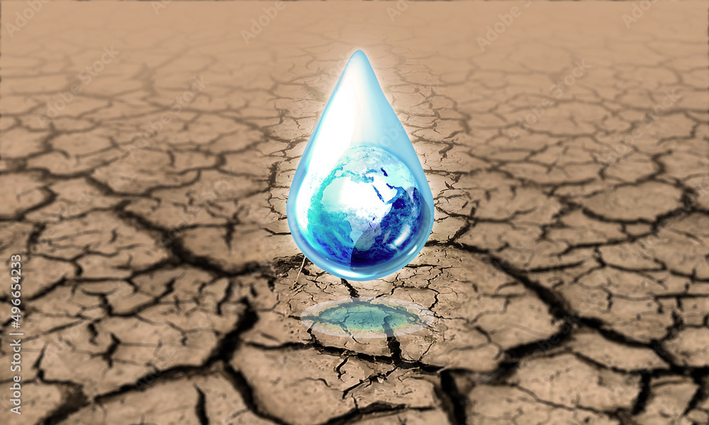 Global Awareness and Erath Planet Conservation Concept. Earth Water Drop on Drought Soil or Land.  Save The Earth!  - obrazy, fototapety, plakaty 