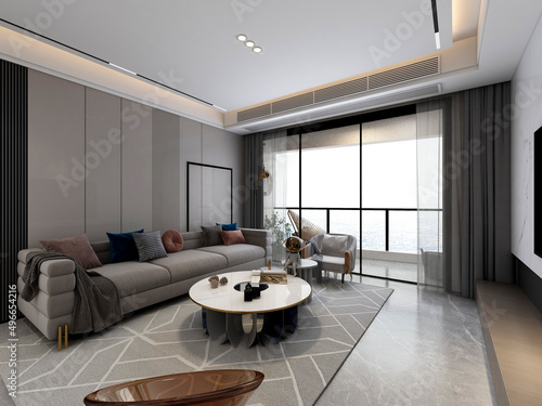 3D rendering, simple modern living room single chair with coffee table, and green plants as decorations.