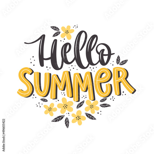 Colorful summer lettering in modern style. Hand-drawn holiday decoration. Isolated vector illustration. Cozy design with cute flowers ang texture.