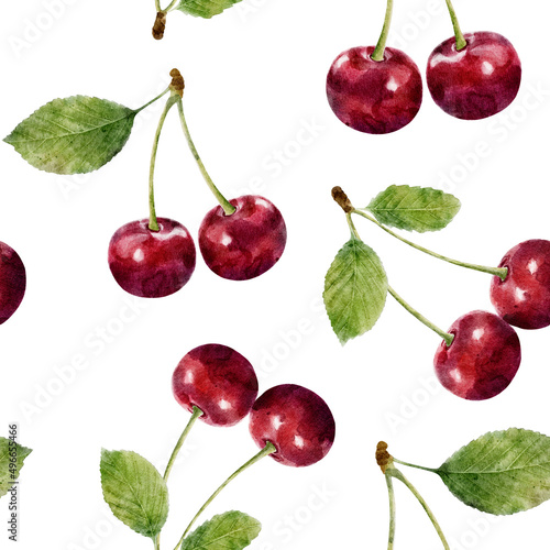 Seamless pattern with watercolor cherry isolated on white background.