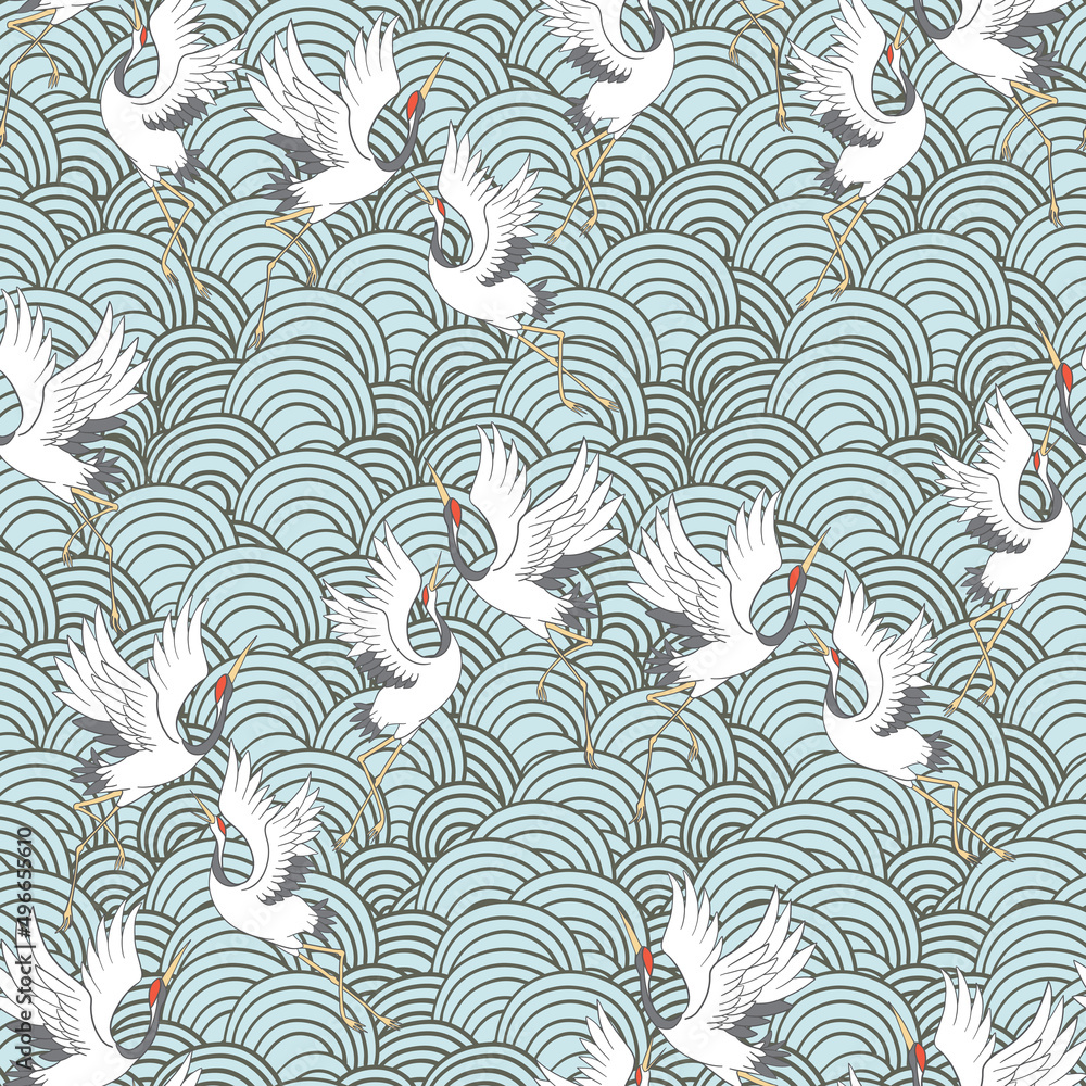 Decorative kimono floral motif background pattern with crane and flowers Decorative kimono floral motif background pattern with crane and flowers