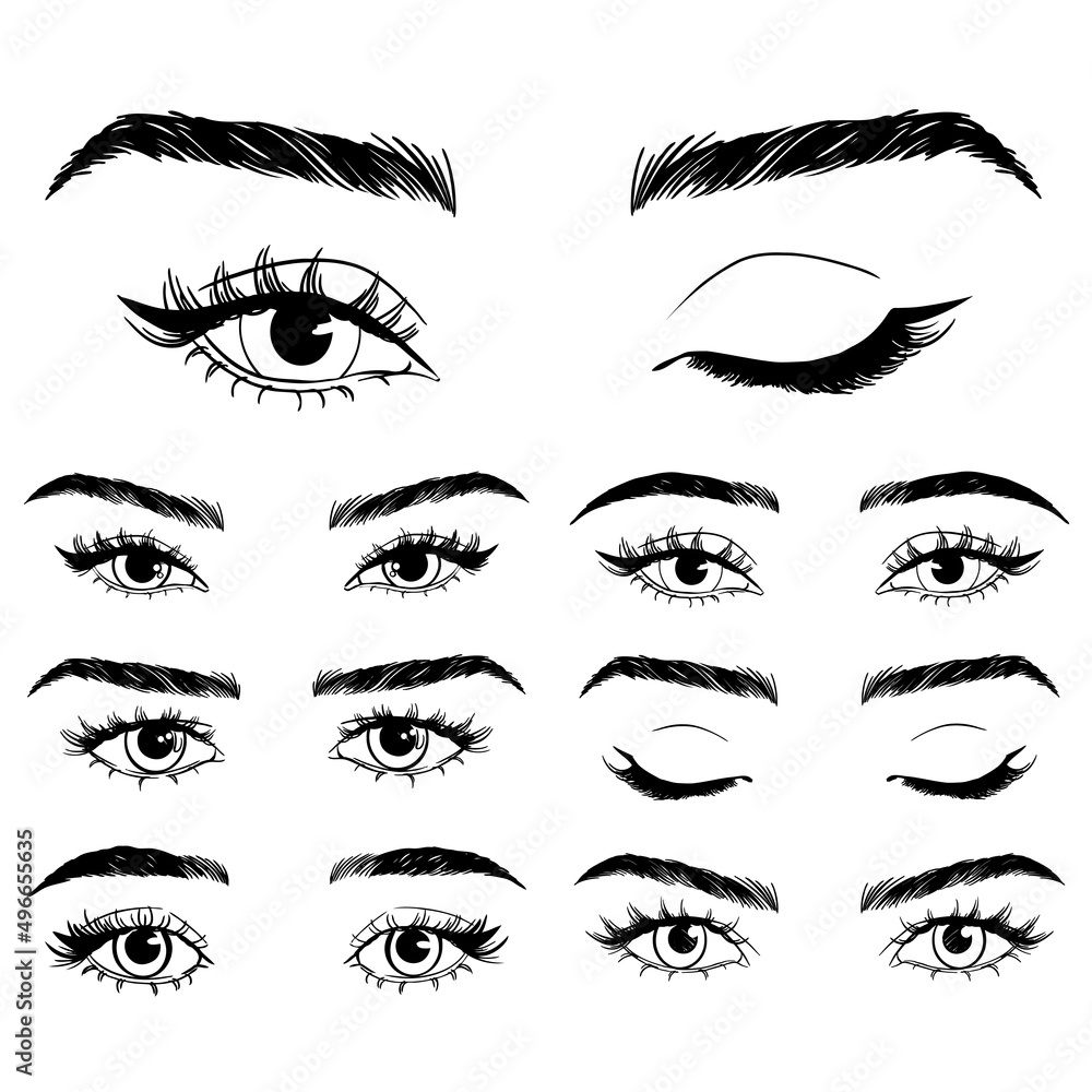 Illustration with woman's eyes, eyelashes and eyebrows. Makeup Look.