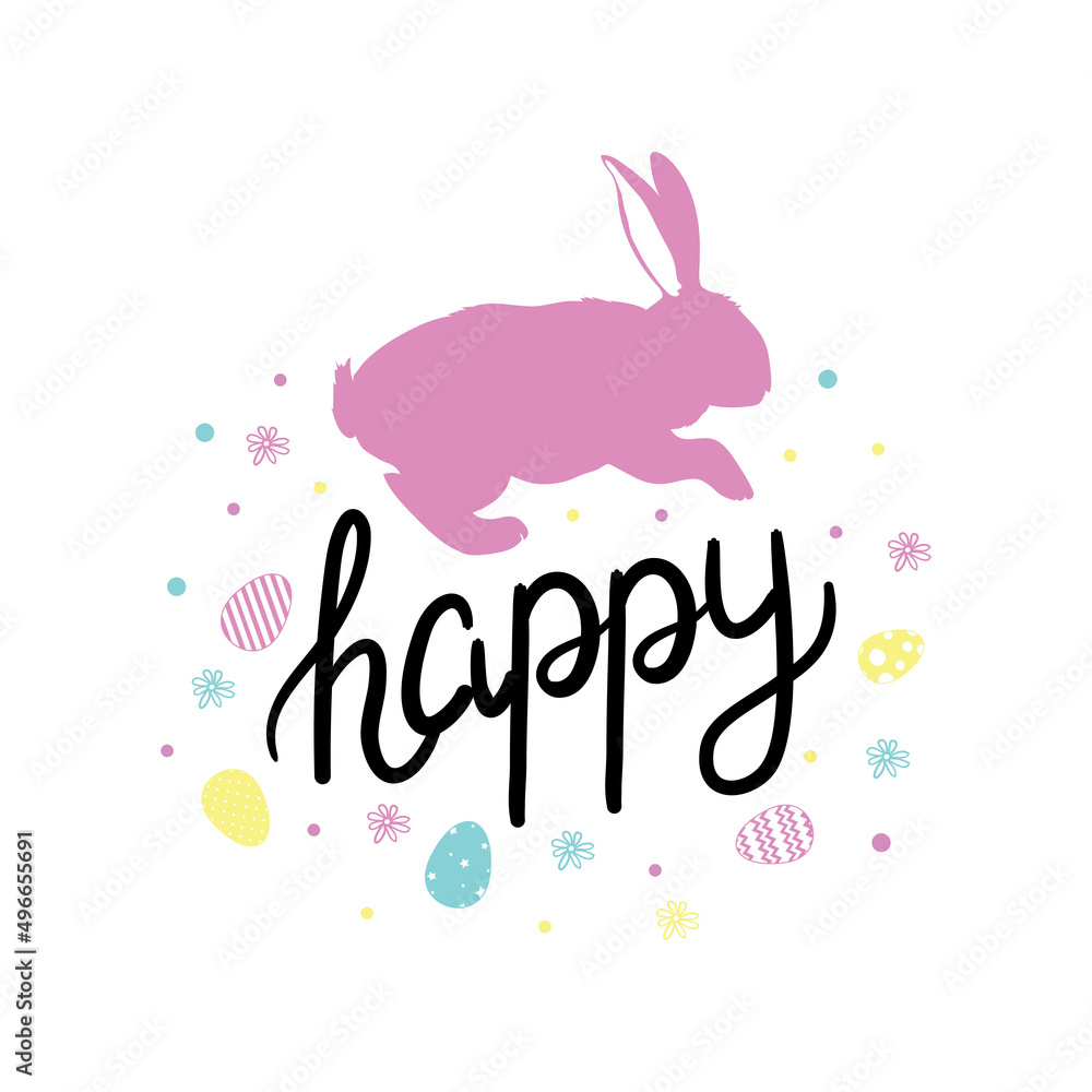 Fototapeta premium Happy Easter greeting card with calligraphic inscription and eggs. Happy Easter lettering.