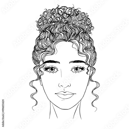 IIllustration of a girl with long curly hair, eyes, eyebrows and eyelashes. Realistic makeup. Hairstyle in the form of a bun.