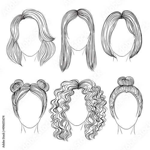 set of different hairs and hairstyle .fringe curly cascade kare. pencil drawing sketch .