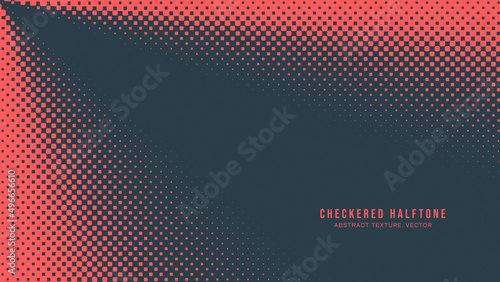 Checkered Halftone Pattern Vector Rounded Square Dots Light Rays Border Red Blue Abstract Background. Chequered Particles Subtle Pop Art Faded Texture. Half Tone Contrast Graphic Minimalist Wallpaper