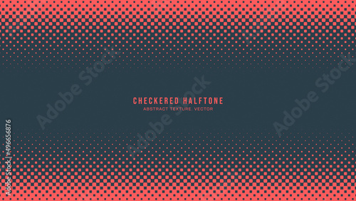 Halftone Checkered Pattern Vector Rounded Square Dots Horizontal Frame Red Blue Abstract Background. Chequered Faded Particles Subtle Pop Art Texture. Half Tone Contrast Graphic Minimalist Wallpaper
