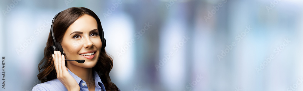 Call center help line service. Portrait of customer support phone sales operator in headset, on blurred office interior background. Young brunette business woman, indoors. Call center help line service. Portrait of customer support phone sales operator in headset, on blurred office interior background. Young brunette business woman, indoors.