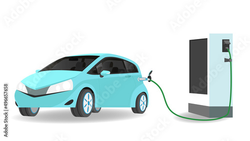 Electric Vehicle eco car charging parking at the charger station with a plug in cable.  Charging in the top side of car to battery. Isolated flat vector illustration on white background.