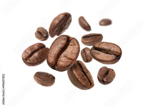 Roasted Coffee beans levitate isolated on a white background.