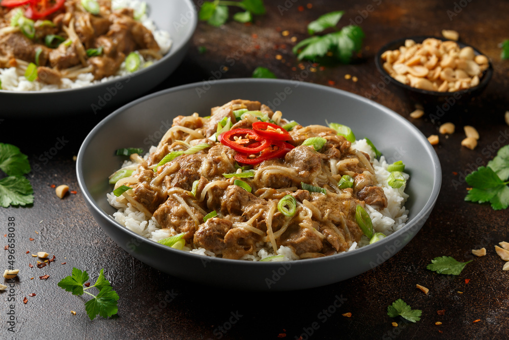 Thai style peanut pork with bean sprouts and rice. Asian food Thai style peanut pork with bean sprouts and rice. Asian food