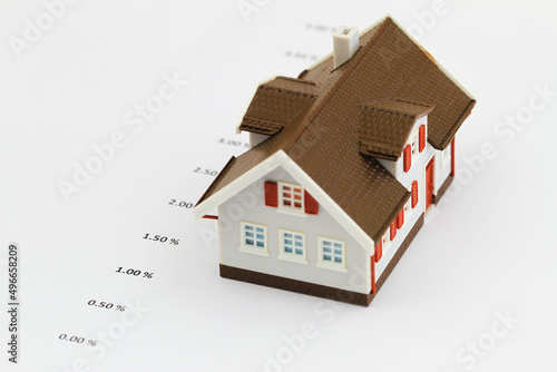 Obraz na płótnie List of interest rates and plastic model house on white background
w salonie