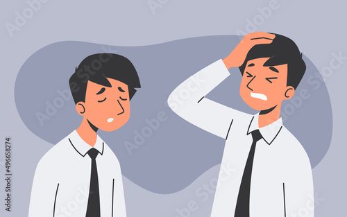 A portrait depicting a businessman show expressing his depressive mood and disappointment at the mistake of his work.