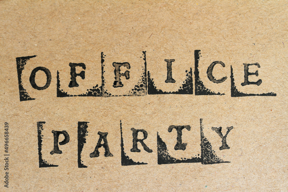 Word office party made with letter stamps on grey hand made paper