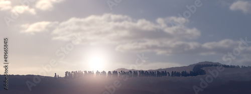Foto Illustration of  refugees in a landscape in bright misty color and mysterious atmosphere