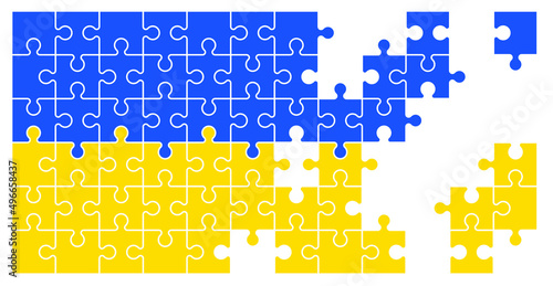 jigsaw puzzle pieces with Flag Ukraine. Puzzle pieces icon or pictogram. national country symbol. Cartoon vector war Russia conflict logo. Platte puzzels. Mosic sign. For travel, vacation or holliday.