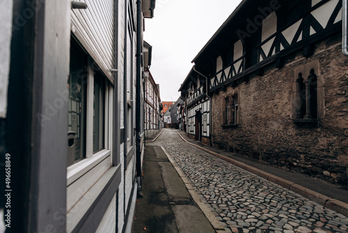 View on timbered houses and cobbled street in the historic old town of Goslar, Germany