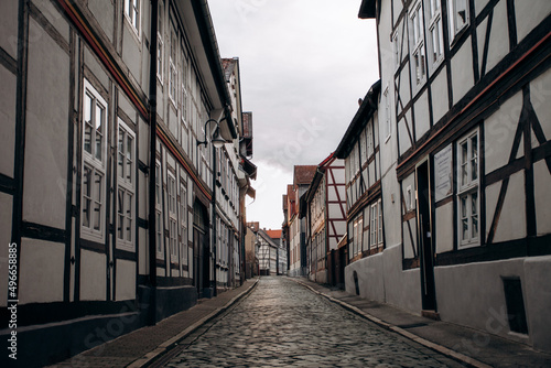View on timbered houses and cobbled street in the historic old town of Goslar, Germany