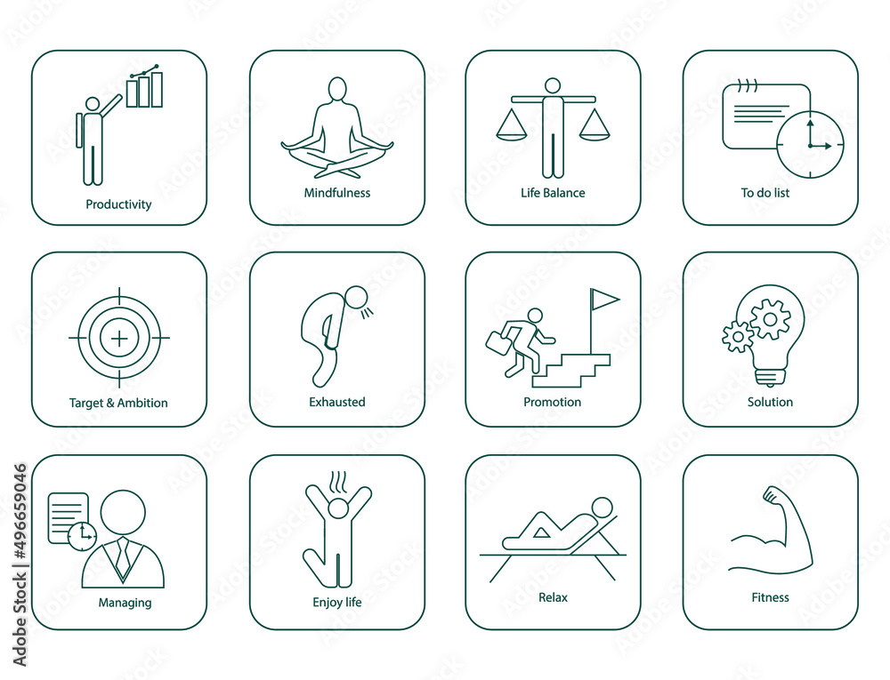icon set of productivity, mindfulness, life balance, to-do list, relaxation, inspiring, fitness, target and ambition, exhaustion, recharging, promotion, solution, managing, enjoy icon set of productivity, mindfulness, life balance, to-do list, relaxation, inspiring, fitness, target and ambition, exhaustion, recharging, promotion, solution, managing, enjoy