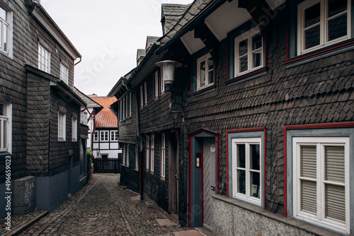 View on timbered houses and cobbled street in the historic old town of Goslar  Germany