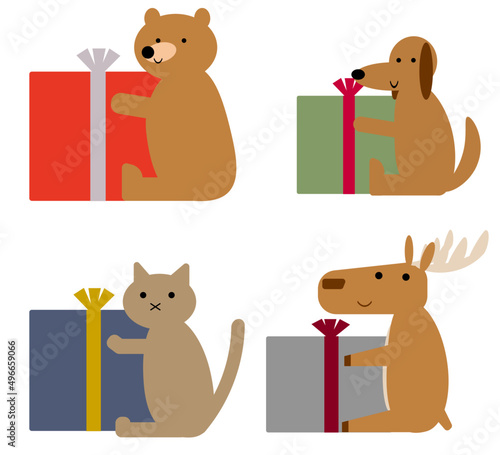 ギフトボックスを抱えた動物のイラスト素材セット