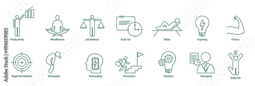icon set of productivity, mindfulness, life balance, to-do list, relaxation, inspiring, fitness, target and ambition, exhaustion, recharging, promotion, solution, managing, enjoy