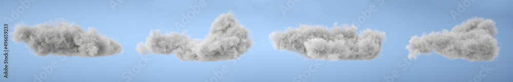 Set of white 3d clouds isolated on a blue background. Realistic clouds in the blue sky. 3D Rendering Set of white 3d clouds isolated on a blue background. Realistic clouds in the blue sky. 3D Rendering