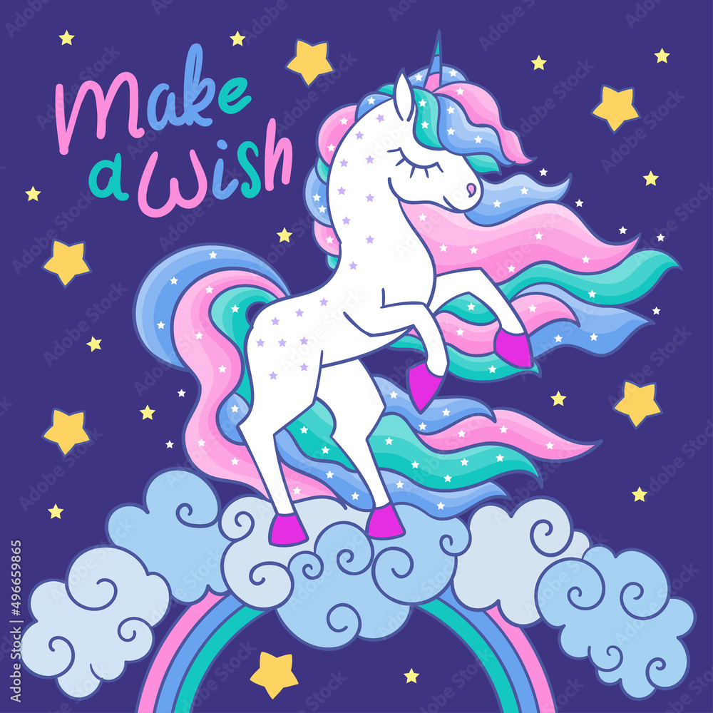 A white unicorn with a rainbow mane in the sky. Fantastic animal.For children's design of prints, posters, stickers, cards and so on. Vector