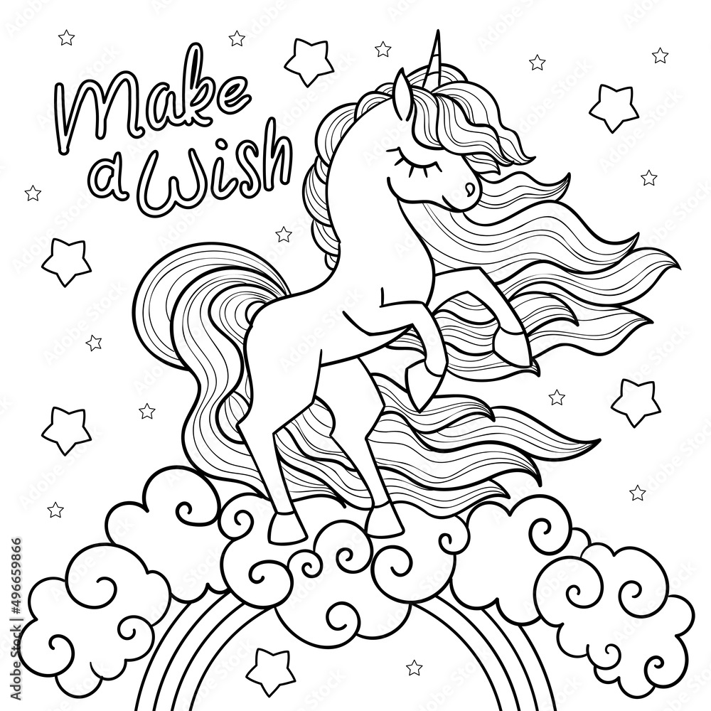Beautiful unicorn on the rainbow. Black and white linear drawing. For