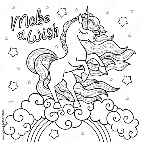 Beautiful unicorn on the rainbow. Black and white linear drawing. For the design of children's coloring books, prints. posters, stickers, postcards, tattoos, etc. Vector