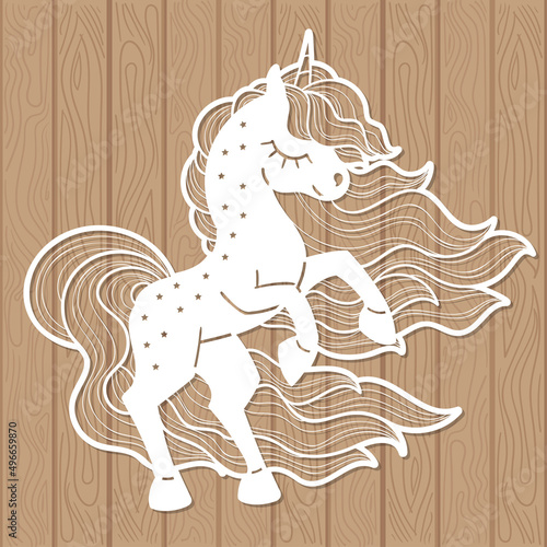 Template for laser cutting. Unicorn with a long mane. For cutting any material. For the design of Postcards, invitations, decor elements, Christmas decorations. Vector