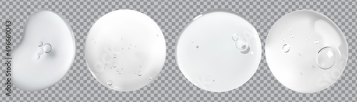 Clear skincare liquid gel drop with bubbles and color particles isolated on transparent background. skin gel stroke swatch .