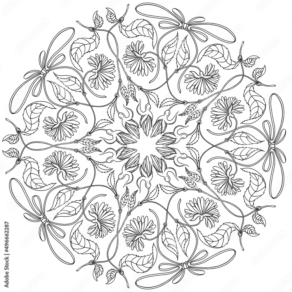 Hand drawn rounded ornament with daisies and bows