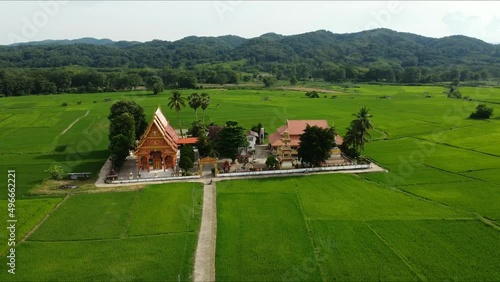 Beautiful arial view of Wat Yu, Temple in Nan Province, Thailand. This temple surrounded by rice fields. photo