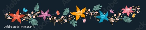 Large floral banner with different bright flowers. Rich flowery meadow. Design elements for decoration. Vector