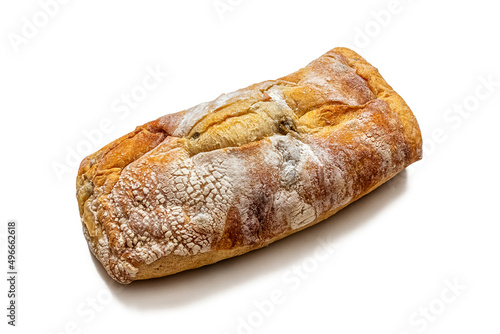 Italian ciabatta with golden crispy crust on a white background