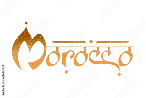 Morocco, trendy golden letters on the sandy white background, the digital handwritten title for cards, banners posters pictures calendars ads packaging products travel brochures.
