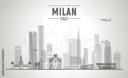 Milan Italy skyline vector line illustration. Business travel and tourism concept with modern buildings. Image for banner or web site. 