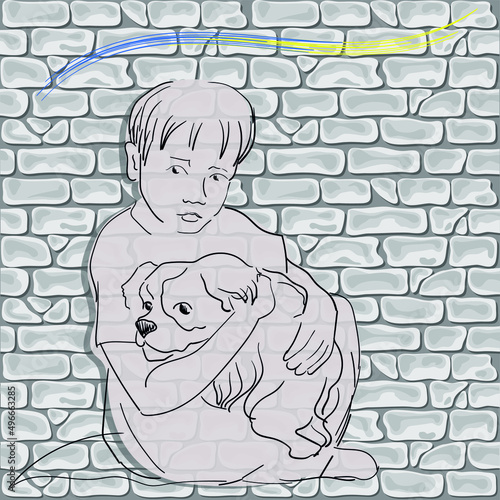 frightened child rescues a dog in a bomb shelter against a brick wall