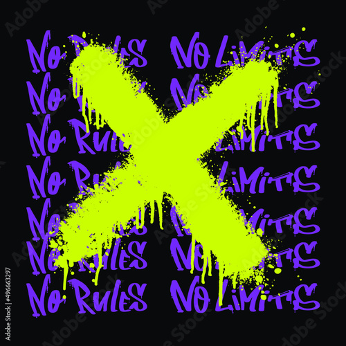 Colorful neon x grunge poster. Street style art text in green and purple colors on black background. No rules. No limits. Grungy lettering illustration