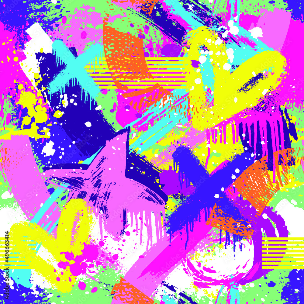 Obraz premium Colorful Grunge seamless pattern with shabby star, grungy texture background, heart, spray paint ink, spot brush track, rounds. Girlish fancy textured grungy repeat print.