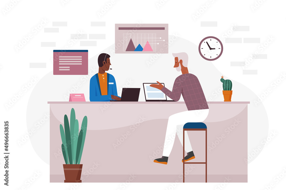 Senior man talking with financial consultant bank worker. Client service desk and money retirement advisor flat vector illustration