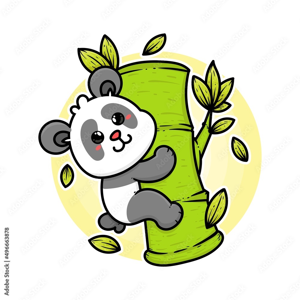 Naklejka premium happy panda and bamboo plant adorable cartoon doodle vector illustration flat design style 