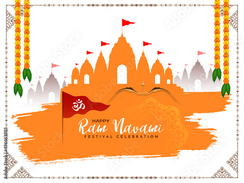 Indian traditional Happy Ram Navami festival card with temple and flag